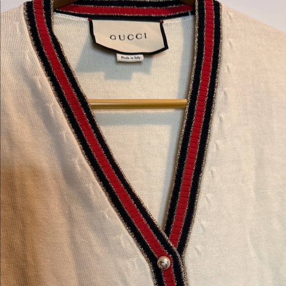 Ivory wool Cardigan with Ebony and Scarlet Trim - Picture 2 of 5